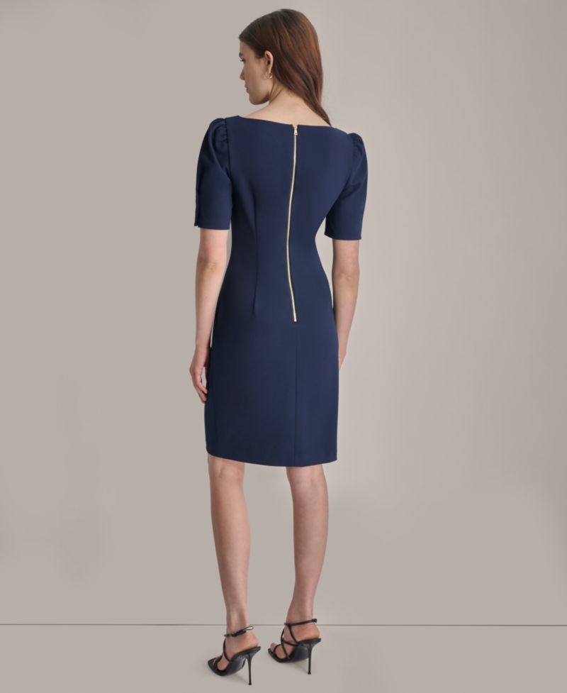 Petite Ruched Jewel Neck Sheath Dress