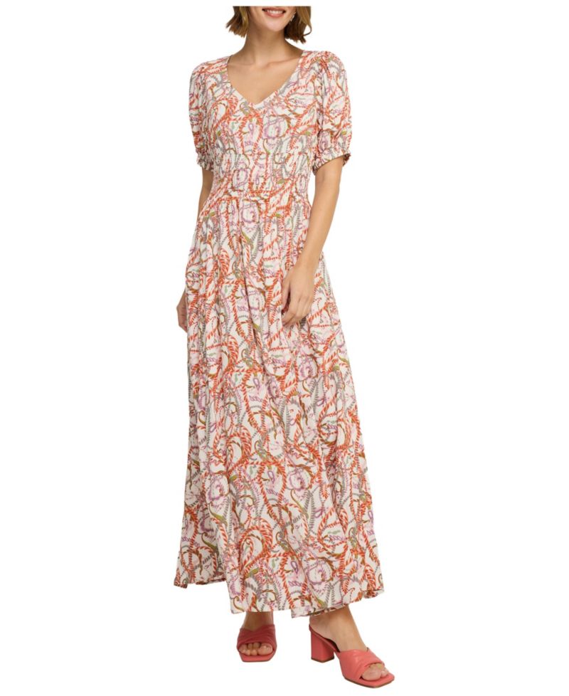 Women's Viscose Printed Puff A-Line V-Neck Empire-Waist Maxi Dress