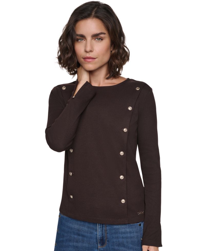 Petite Ribbed Long-Sleeve Button-Detail Knit Top