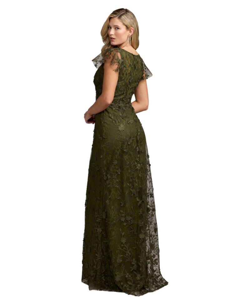 Women's Petite V-Neckline Embroidered Applique Wrap Over Flutter Sleeve Gown