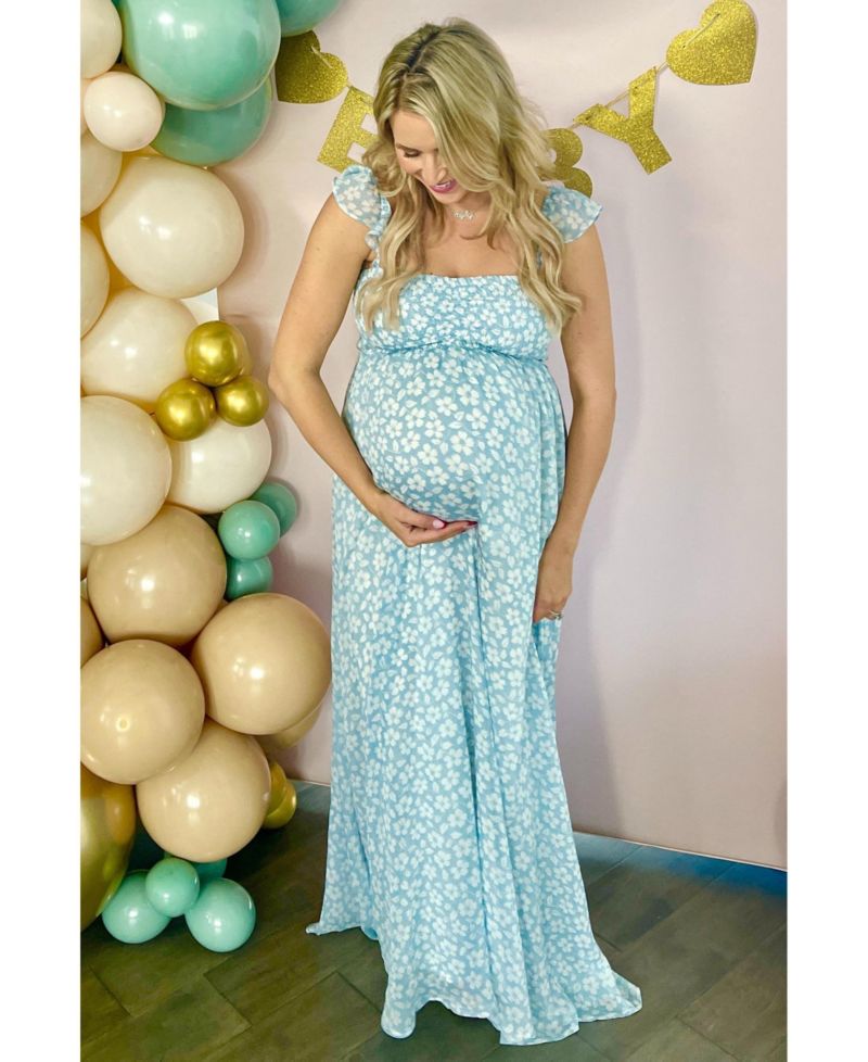 Women's Light Blue Floral Chiffon Sweetheart Neck Off Shoulder Maxi Dress