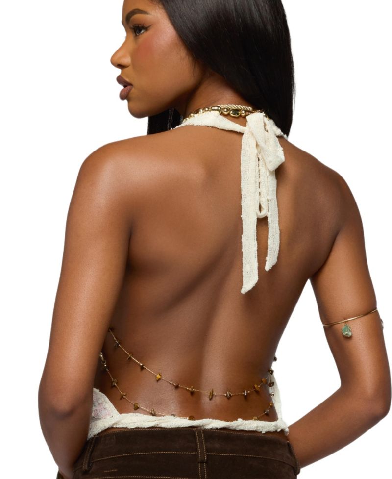 Women's Textured Backless Bead Chain Halter Top
