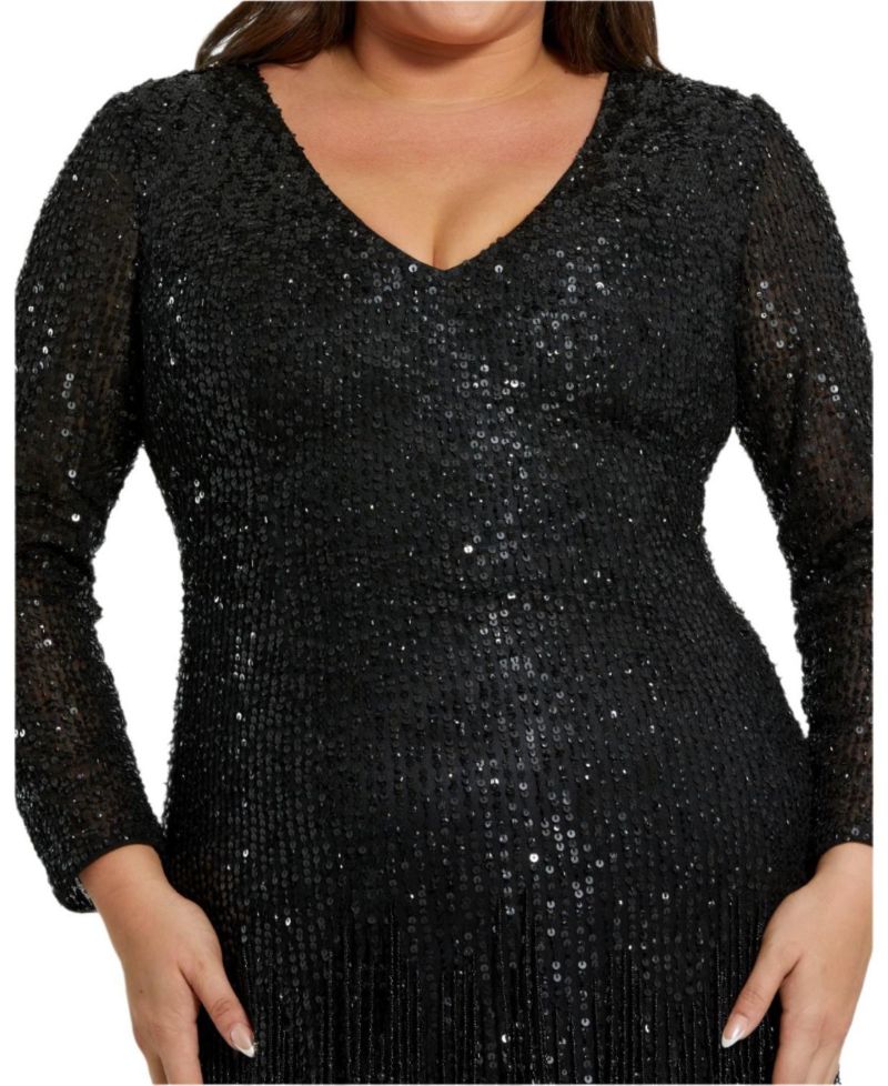 Women's Long Sleeve V Neck Beaded Fringe Gown