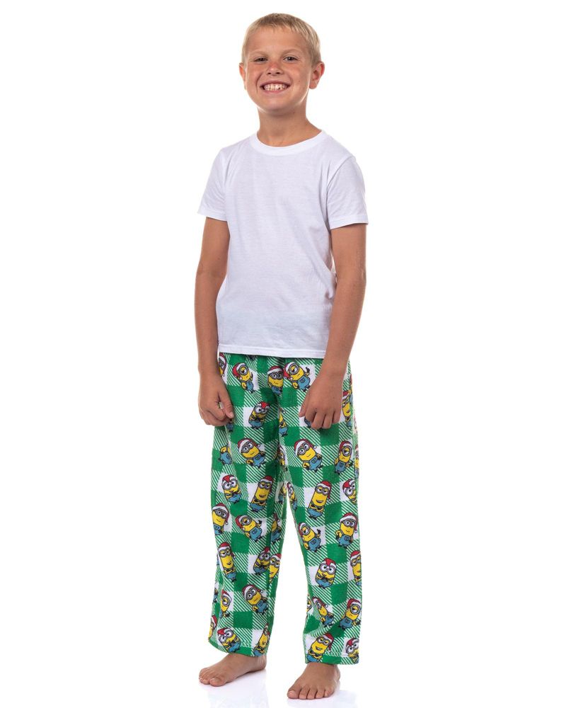 Pajama Pants Boys Christmas Santa Minion Plaid Fleece Lounge Bottoms Kids
