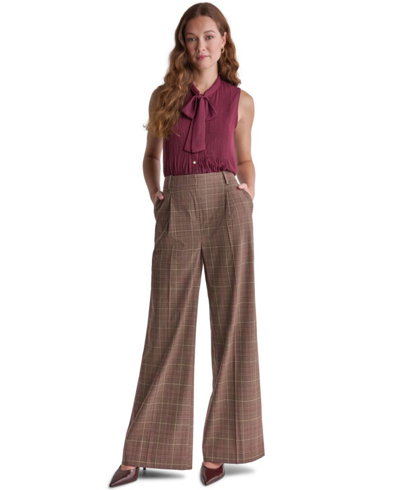 Women's Wide-Leg Pleated Plaid Pants