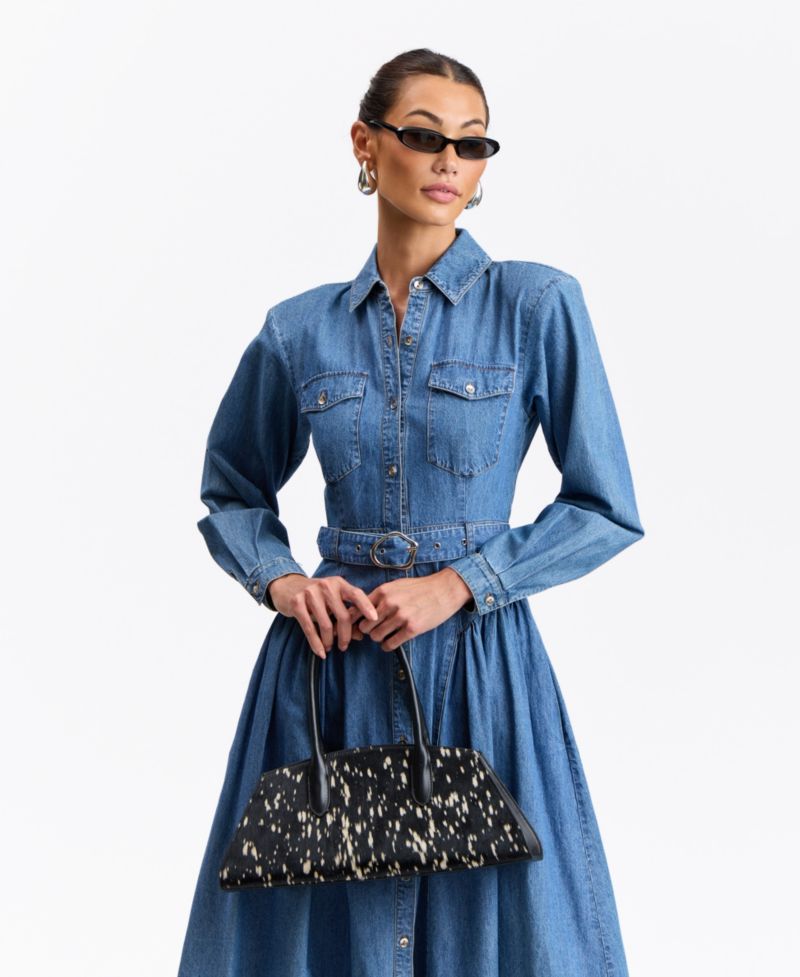 Women's Fit & Flare Belted Statement-Shoulder Denim Midi Shirt Dress