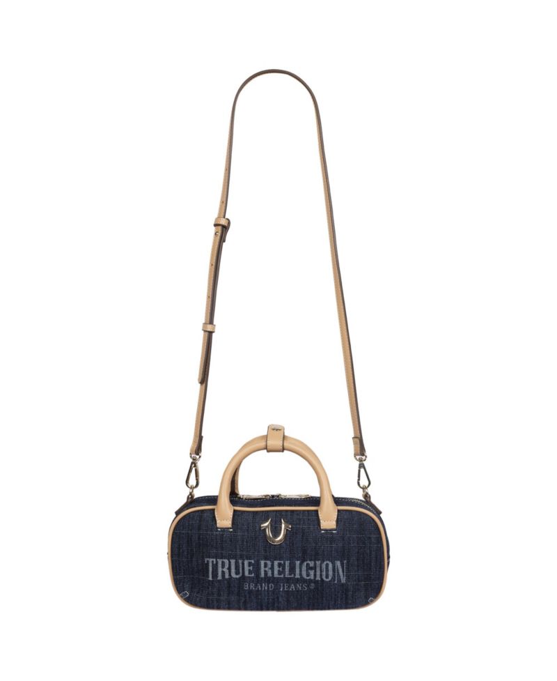 Bentley Denim and PU Mini Satchel - Women s Top Handle Crossbody Handbag with Chain Detail