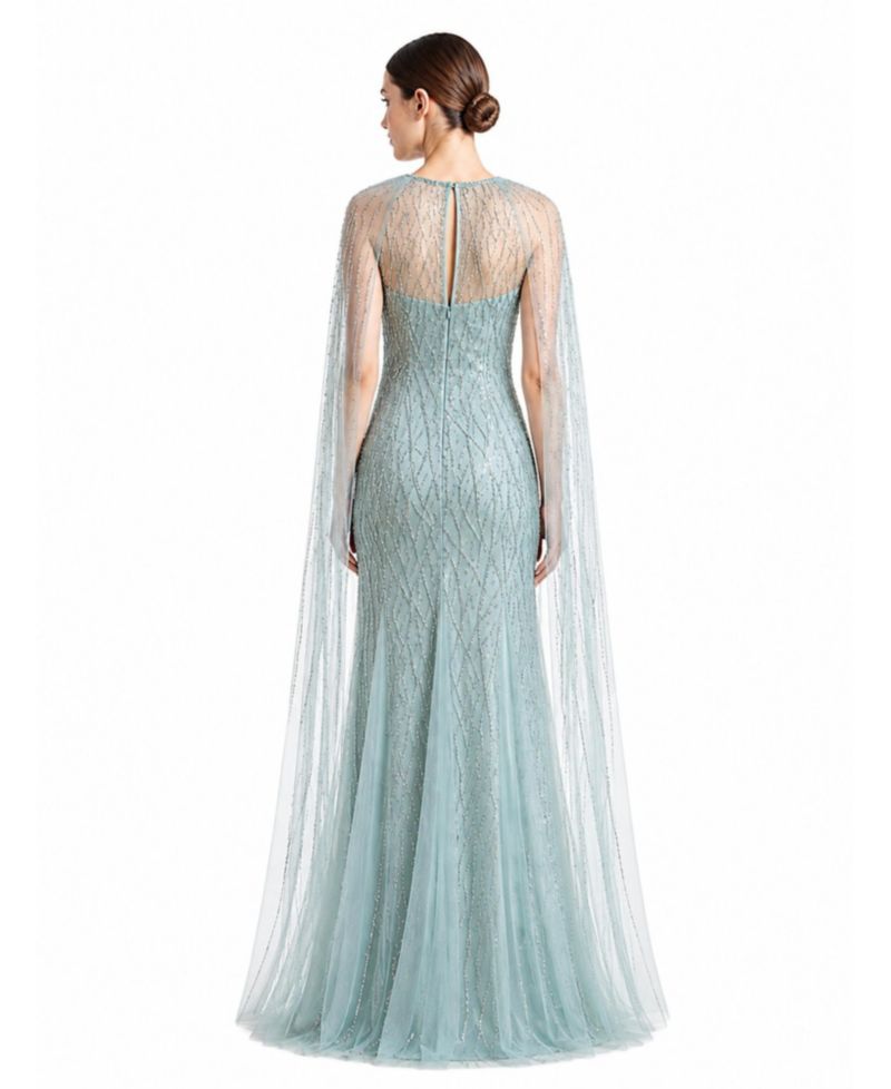 Women's Elegant Beaded Dress with Long Cape
