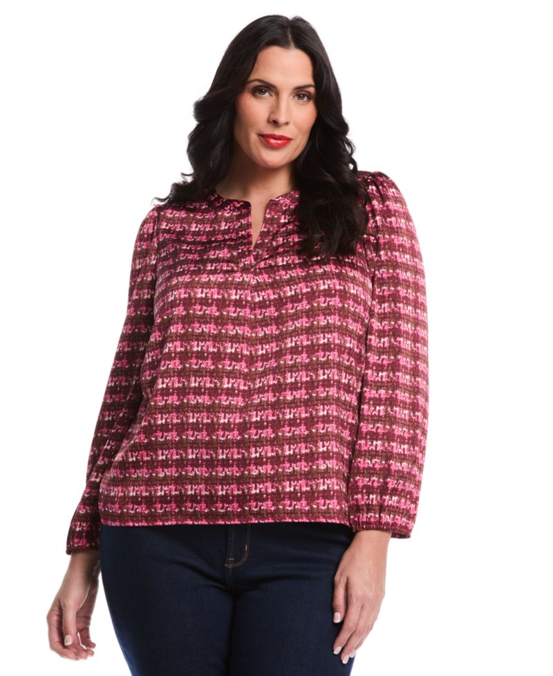 Plus Size Crosshatch Print Split Neck Long Sleeve Popover Top