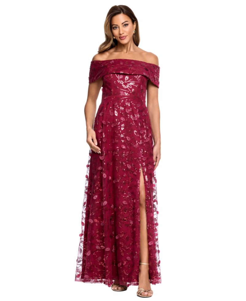 Petite 3D Embellished Mesh Off-The-Shoulder Ball Gown