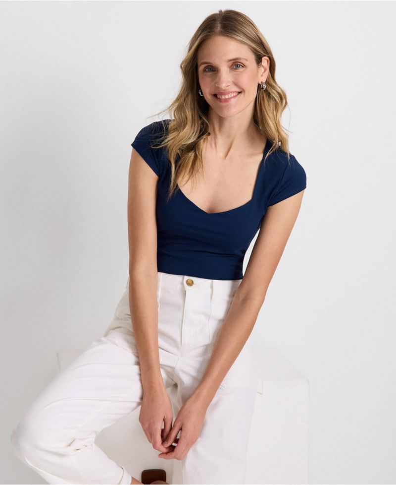 Women's Cap Sleeve Tugless Double Layer Sweetheart Knit Top