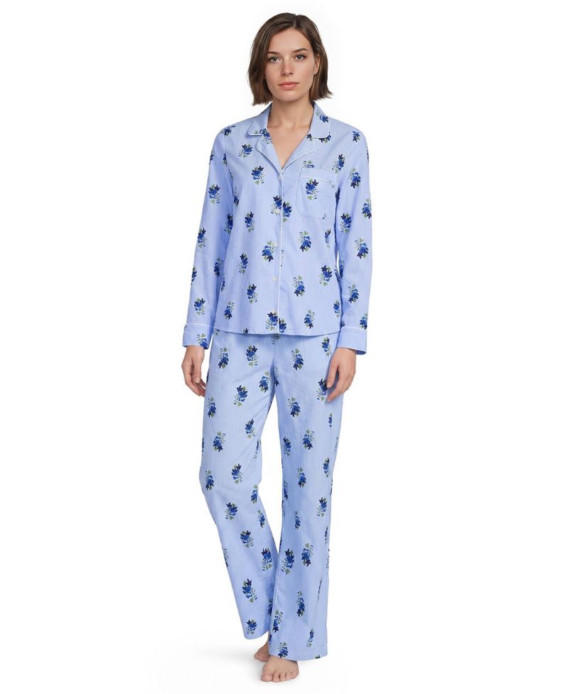 Women's Cotton Long-Sleeve Pajama Top and Pants Set