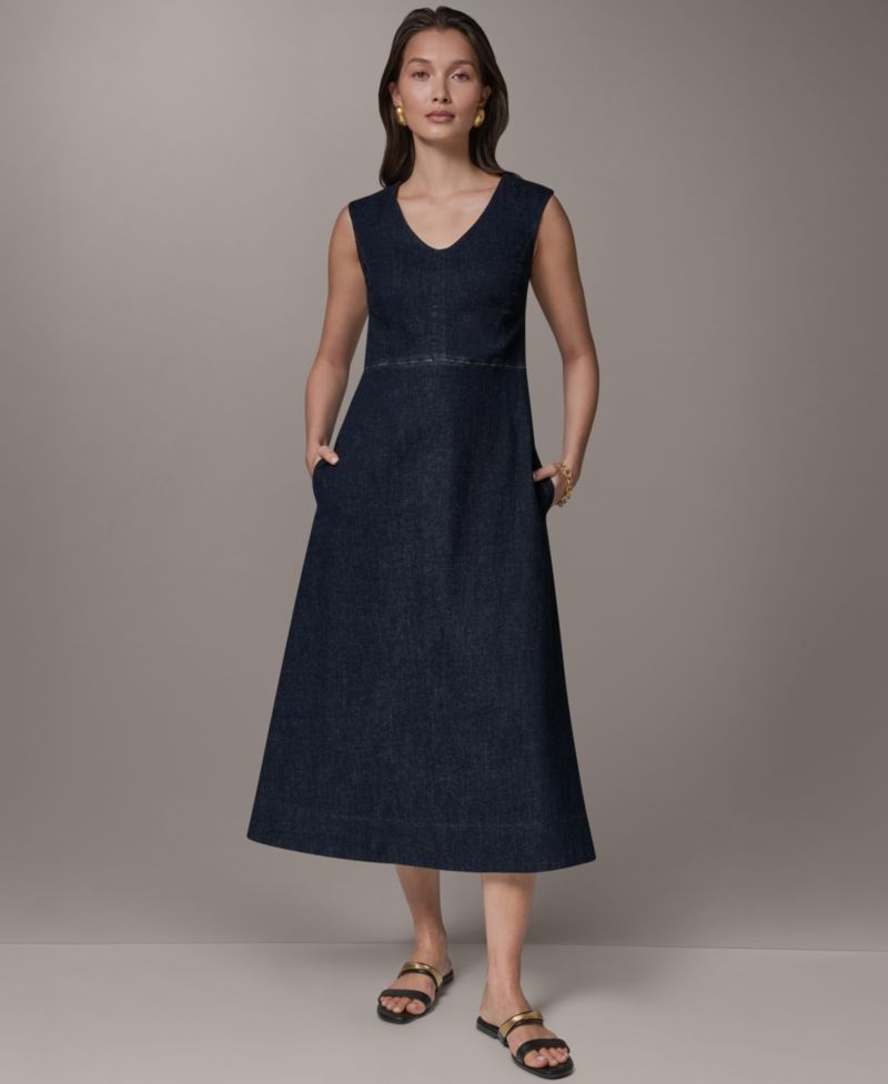 Women's Contrast Color Self-Belted V-Neck Midi Dress
