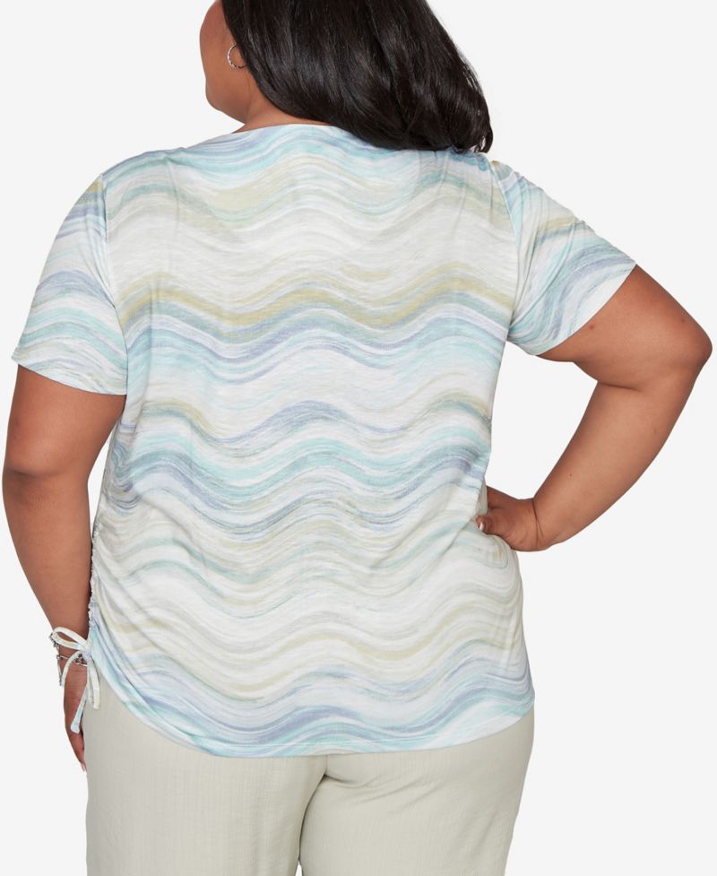 Plus Size Vintage Charm Wavy Biadere Side Tie Ruched T-Shirt