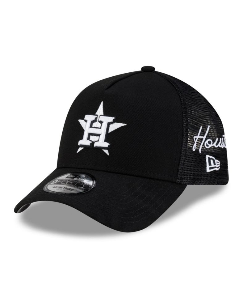 Men's Black Houston Astros Side Script 9FORTY A-Frame Trucker Adjustable Hat