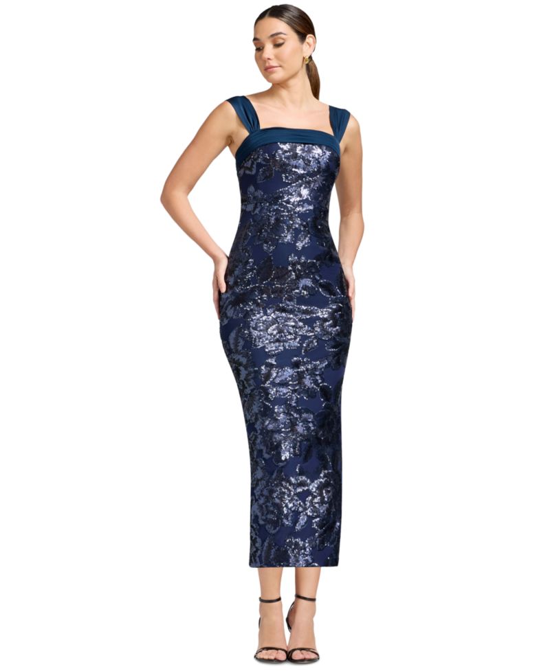 Women's Sequin Square Neck Bodycon Tea Length Dress