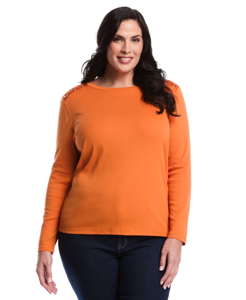 Plus Size Laced Crew Neck Long Sleeve Top