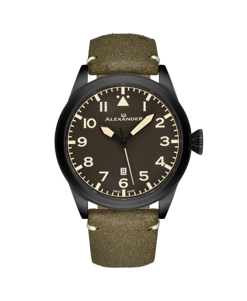 Men's Swiss Made Aviator A601.02 Quartz Watch with Dial, Suede Leather Strap, Sapphire Crystal, 42mm