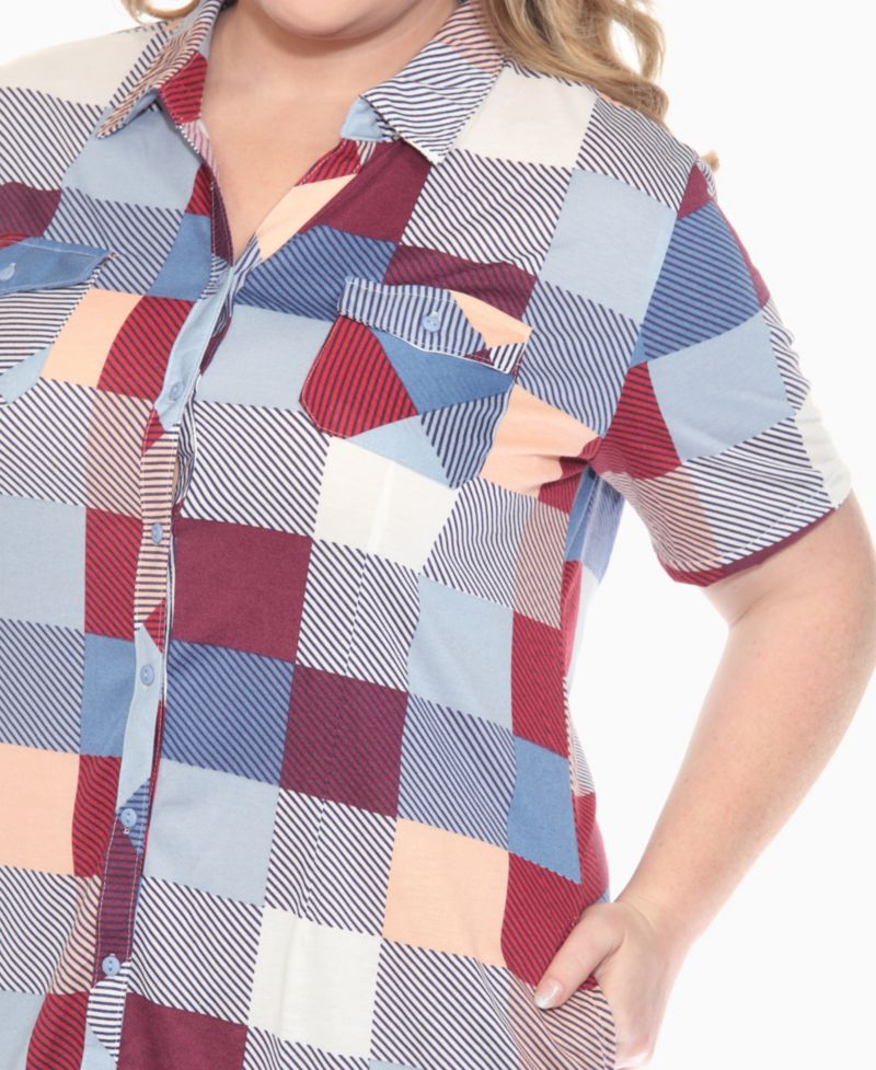 Plus Size Short Sleeve Plaid Button-Down Shirt Dress