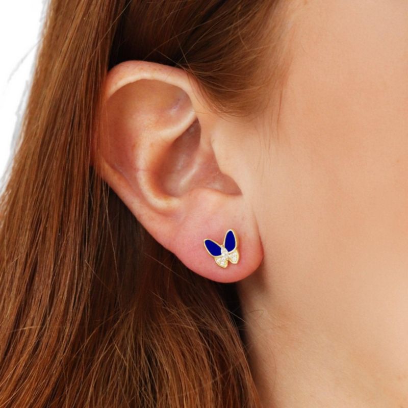 Lapis CZ Butterfly Stud Earrings 14K Gold-Plated Sterling Silver
