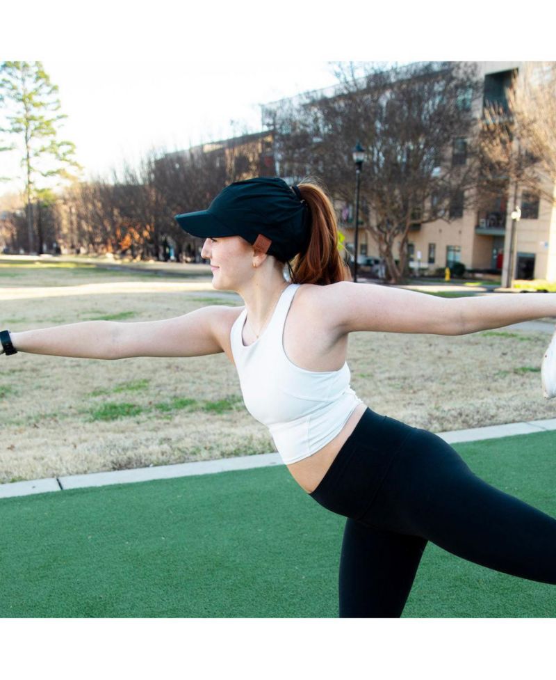 Women's Adjustable High Ponytail Running Hat - Black