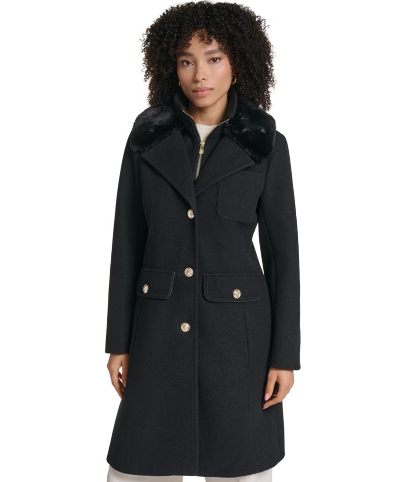 Women's Bibbed Faux-Fur Collar Lined Coat