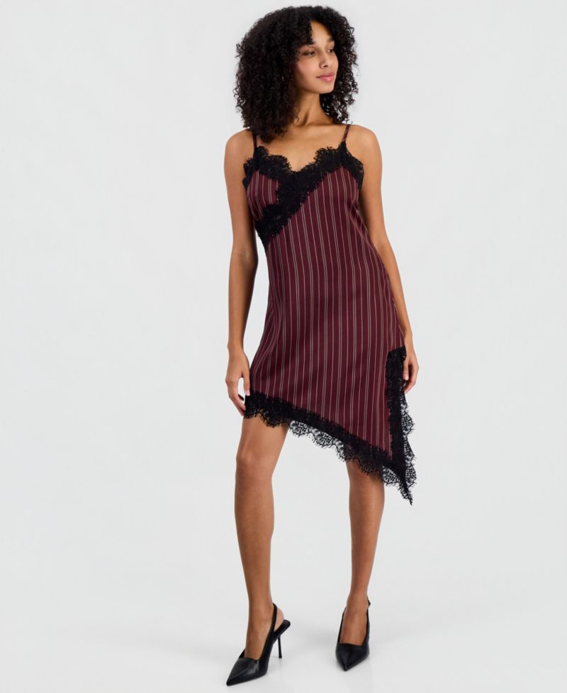 Women's Pinstripe V-Neck Lace-Trim Satin Dress