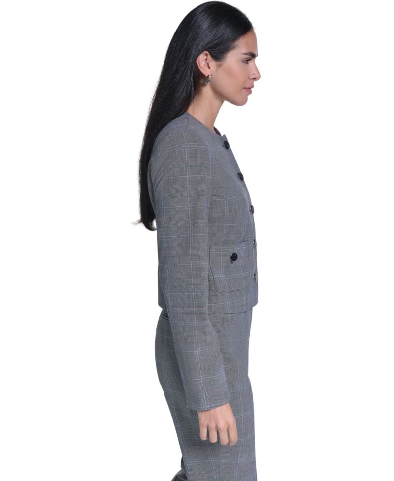 Women's Cropped Plaid Collarless Jacket