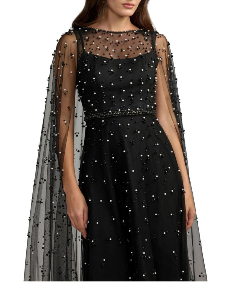 Petite Pearl Embellished Cape A-Line Gown