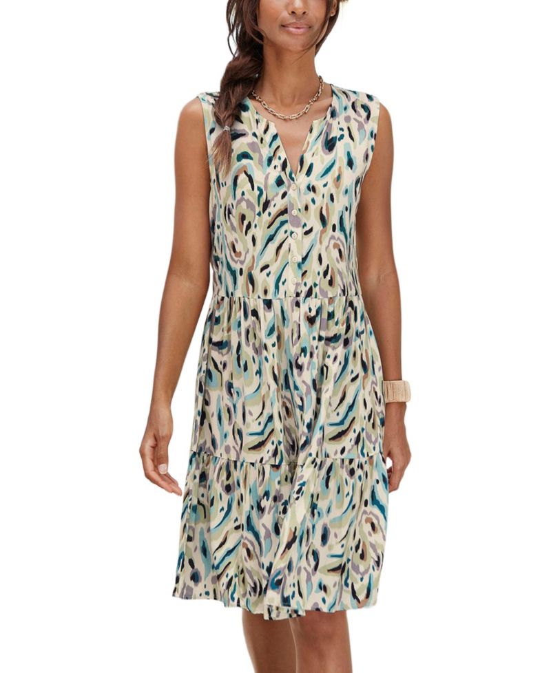 Women's Viscose Printed Button Up Tiered A-Line Notch-Neck Short Dress