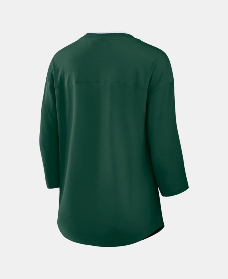 Women's Green Bay Packers Team First Deceptive Juke 3/4-Sleeve V-Neck Oversized Chest Graphic T-Shirt
