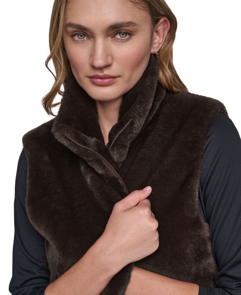 Women's Mock-Neck Ribbed-Knit Hem Faux Fur Vest