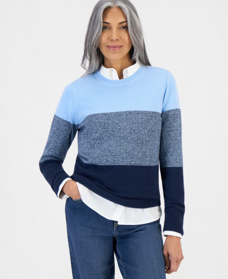 Petite Cotton Colorblocked Curved-Hem Sweater