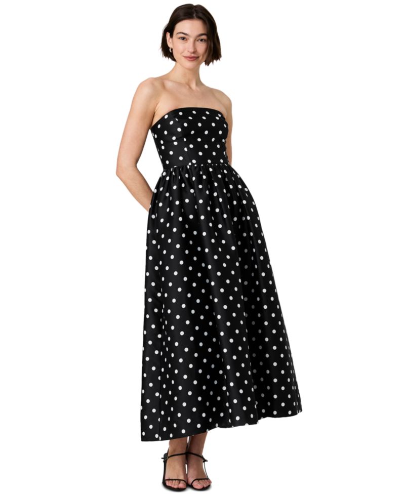 Women's Structured Taffeta Strapless Polka Dot Midi Dress