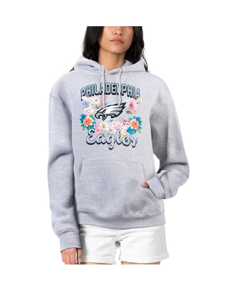 Women's Heather Gray Philadelphia Eagles Flowers Team Logo Graphic Fleece Pullover Hoodie