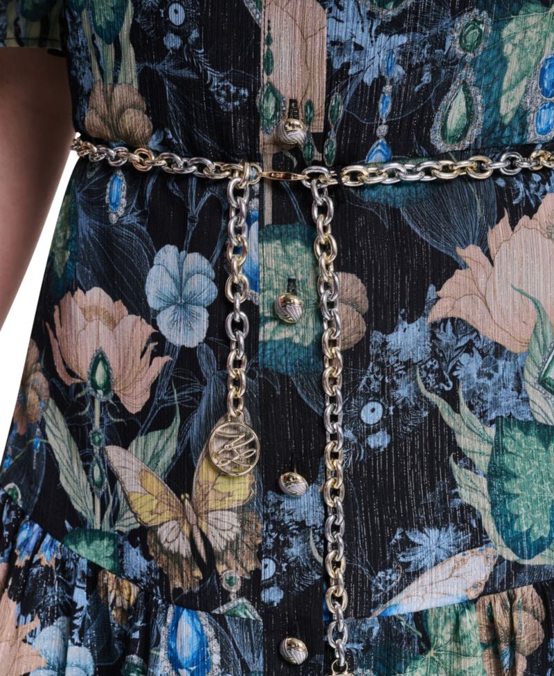 Petite Metallic Crinkle Chain Belt Button-Front Dress