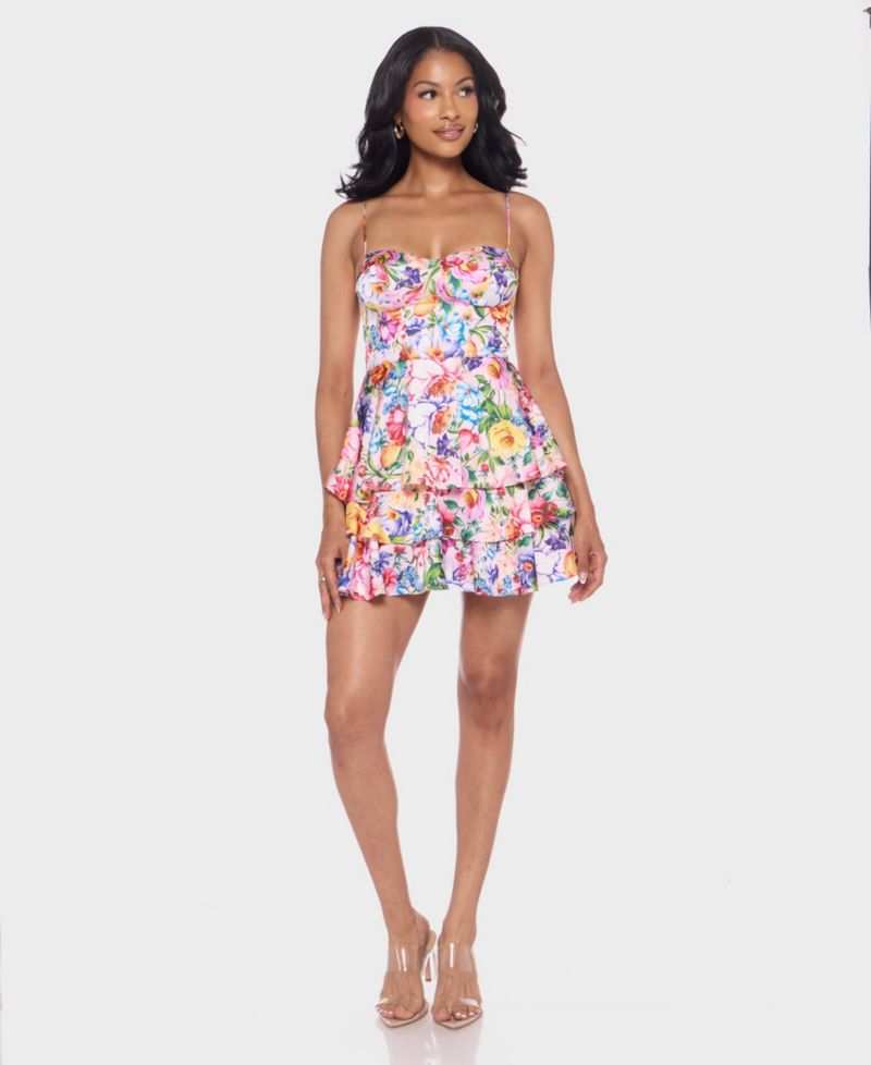 Juniors' Printed Sweetheart Neck Mini Dress