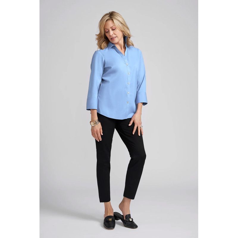 Women's Madie 3/4 Sleeve No Iron Blouse with V Neck Placket and Optional Turn Up Cuffs