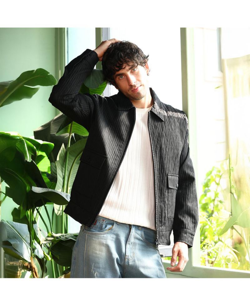 Men's Midnight Black Zip-Front Crease-Tactile Jacket