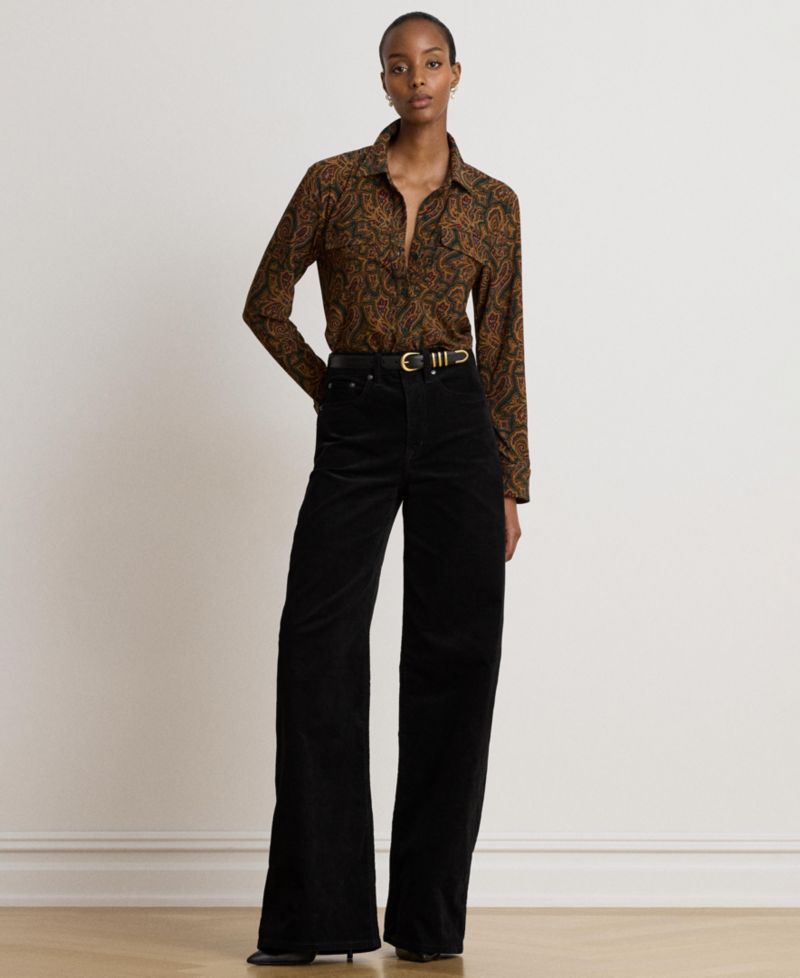 Women's Paisley Stretch Jersey Shirt Long-Sleeve Button-Up Blouse