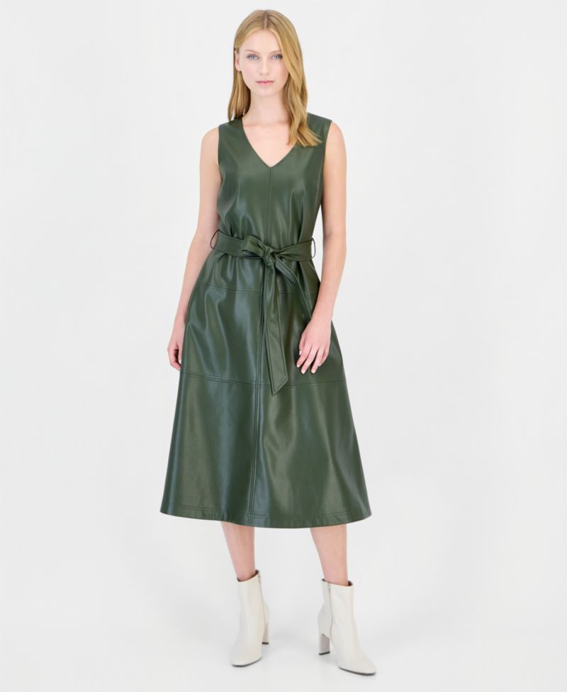 Women's Faux Leather Tiered V-Neck Midi Dress
