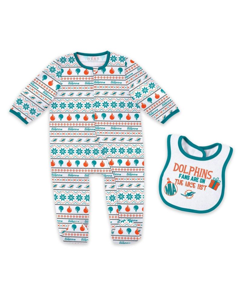 2-Piece Baby Boys and Girls Miami Dolphins Allover Print Full-Zip Sleeper and Bib Set