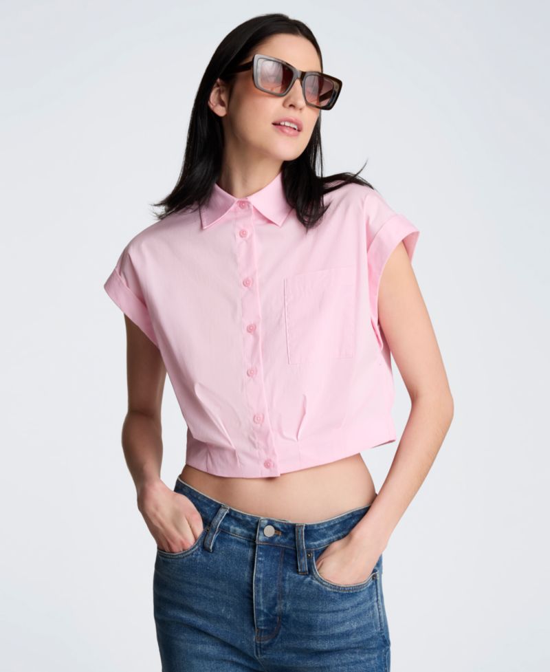 Women's Short-Sleeve Button-Front Collared Cropped Shirt