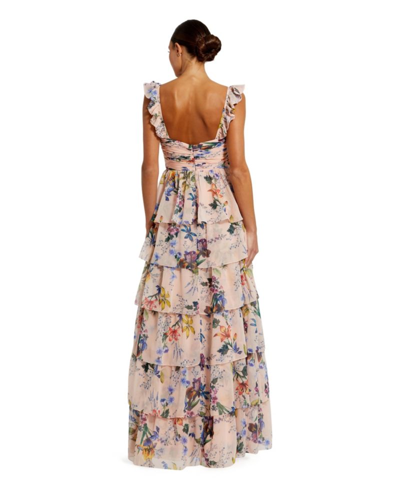 Women's Ruffle Sleeveless Chiffon Tiered Floral Print Gown
