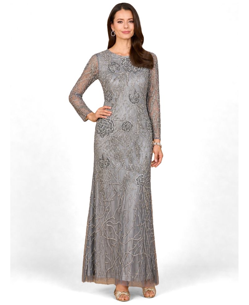 Women's High Neck, Long Sleeve Beaded Gown