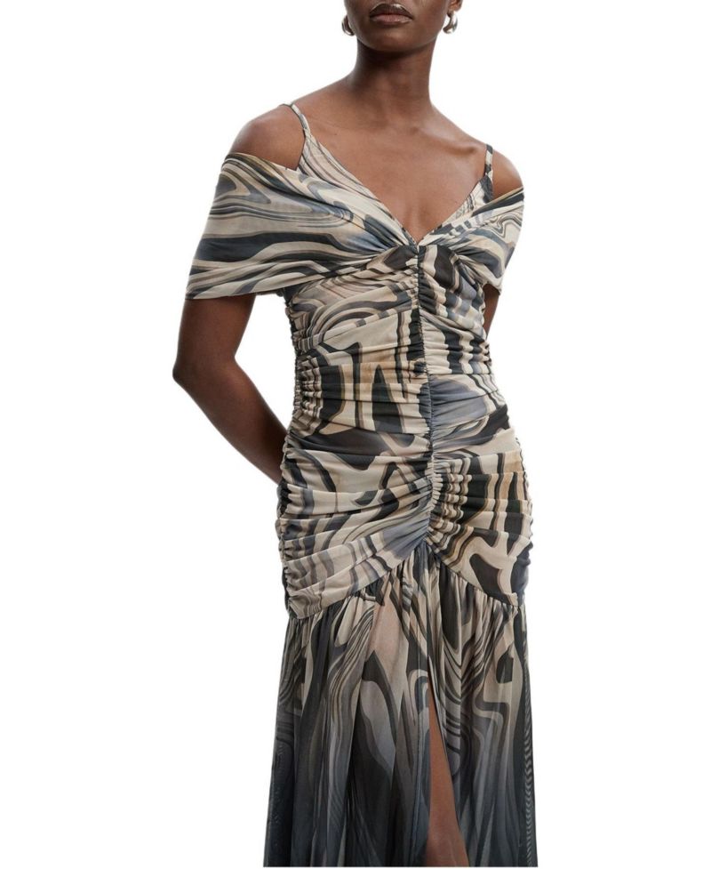 Women's Marble Print Mesh Plunge Maxi Dress