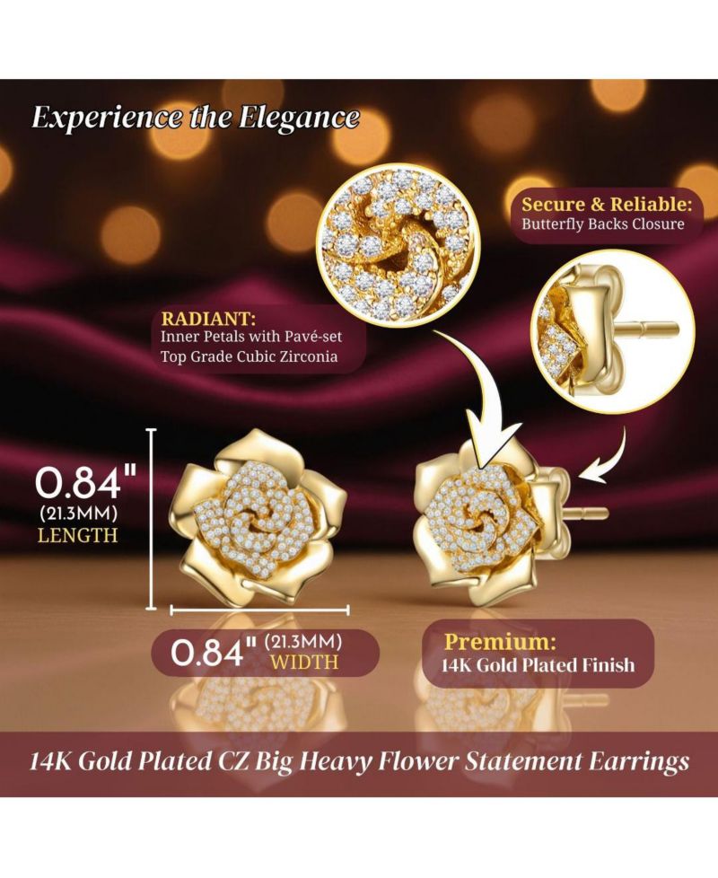 14K Gold Plated CZ Big Heavy Flower Statement Earrings