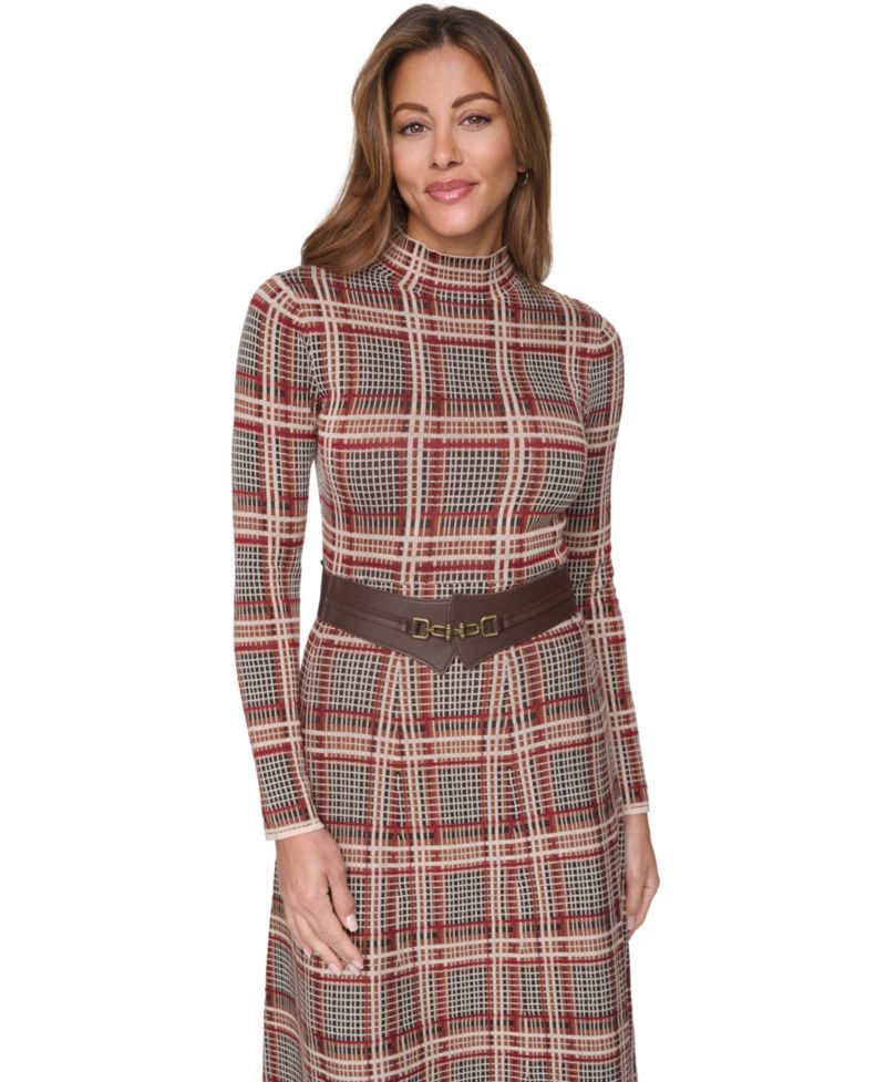 Plus Mock Neck Long-Sleeve Fit & Flare Dress