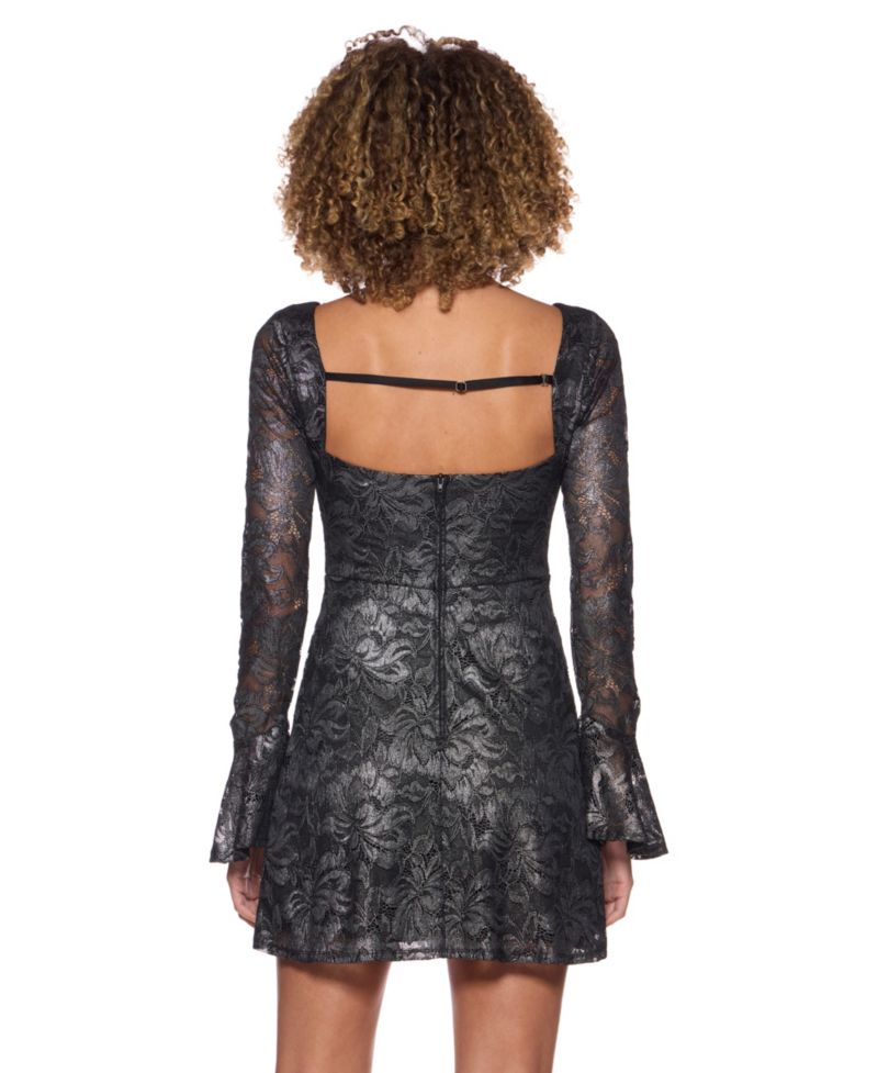 Juniors' Long-Sleeve Scoop Neck Foil Lace Mini Dress
