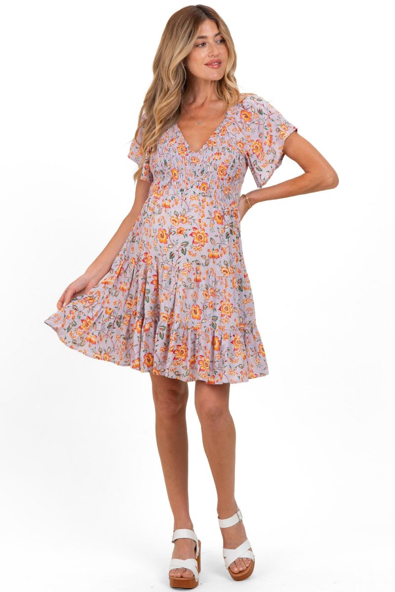 Women's Lavender V Neck Smocked Bodice Floral Print Dress